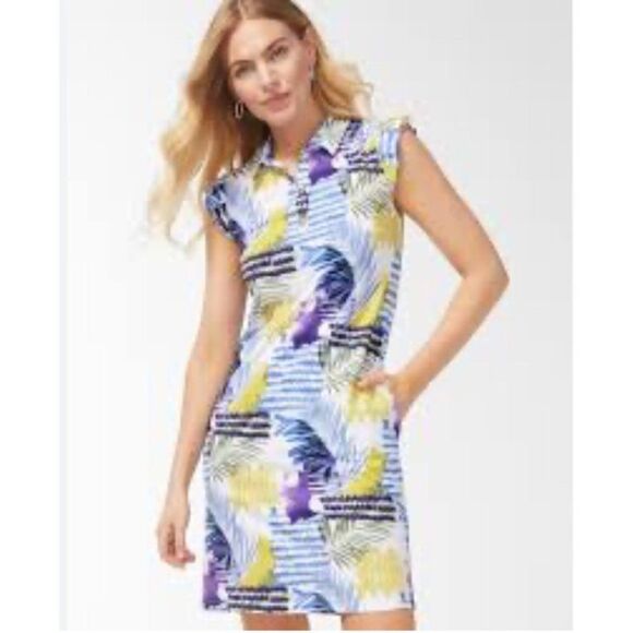 Chico’s Multicolored Short Ruffle Sleeve Shirt Dress with Pockets Size 1 / M - Picture 1 of 12